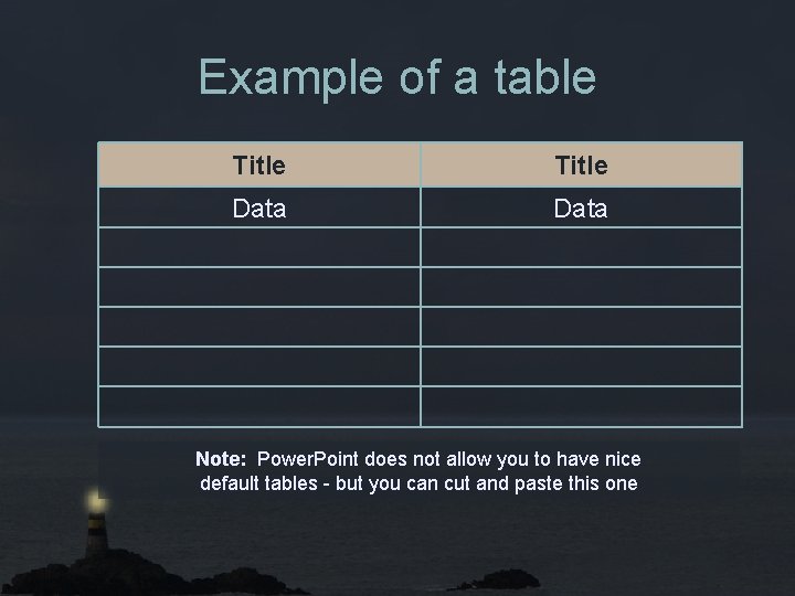 Example of a table Title Data Note: Power. Point does not allow you to