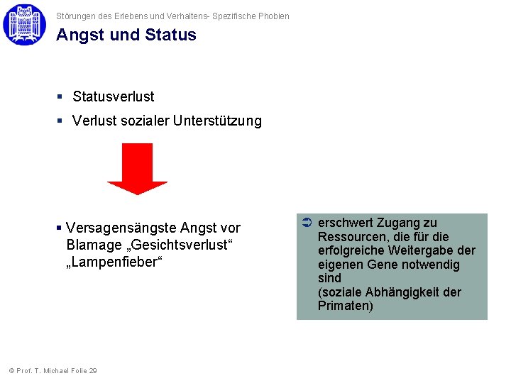 Störungen des Erlebens und Verhaltens- Spezifische Phobien Angst und Status § Statusverlust § Verlust Störungen des Erlebens und Verhaltens- Spezifische Phobien Angst und Status § Statusverlust § Verlust