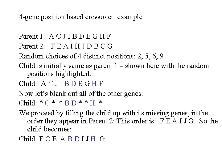 4 -gene position based crossover example. Parent 1: A C J I B D