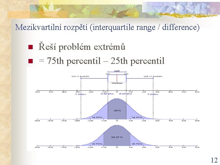 Mezikvartilní rozpětí (interquartile range / difference) n n Řeší problém extrémů = 75 th