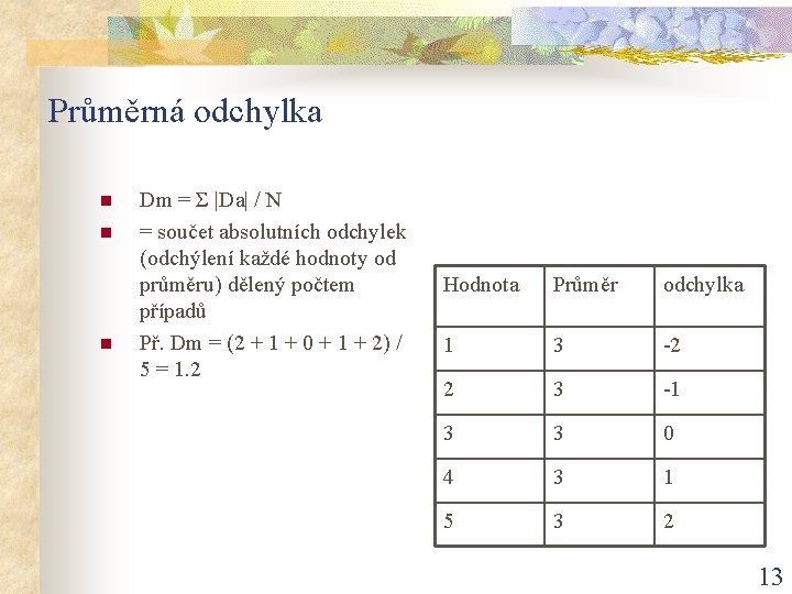 Průměrná odchylka n n n Dm = Σ |Da| / N = součet absolutních