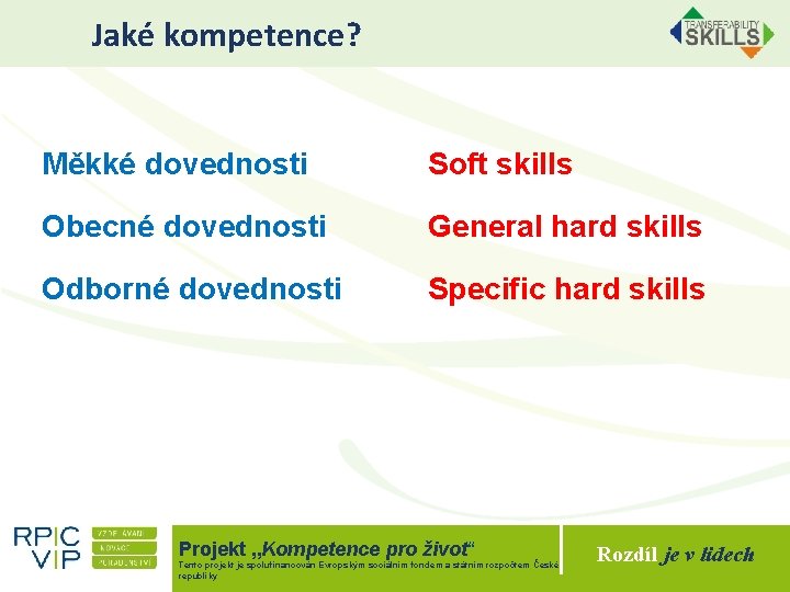 Jaké kompetence? Měkké dovednosti Soft skills Obecné dovednosti General hard skills Odborné dovednosti Specific