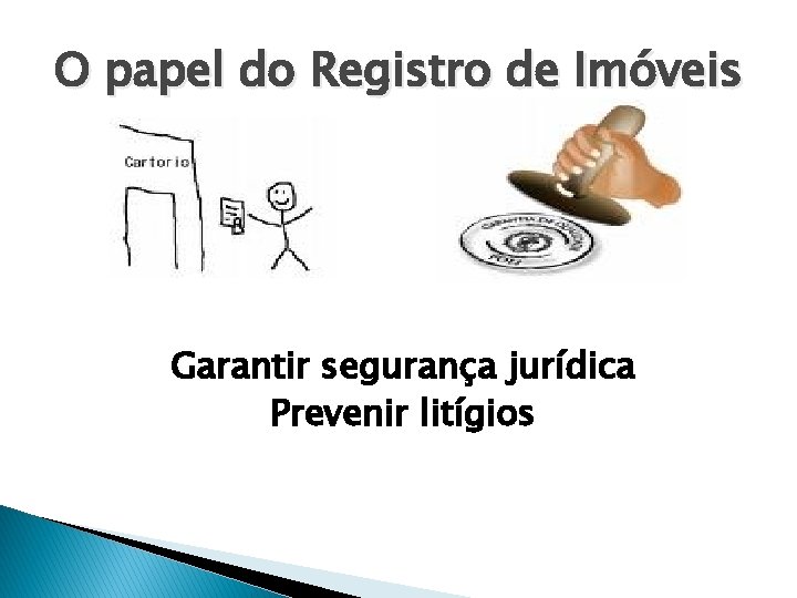 O papel do Registro de Imóveis Garantir segurança jurídica Prevenir litígios 