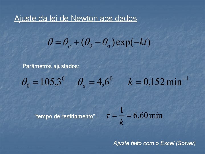 Ajuste da lei de Newton aos dados Parâmetros ajustados: “tempo de resfriamento”: Ajuste feito