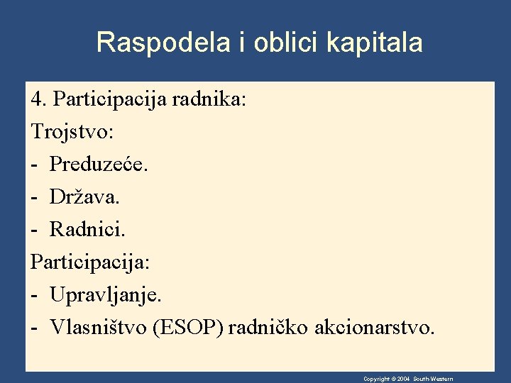 Raspodela i oblici kapitala 4. Participacija radnika: Trojstvo: - Preduzeće. - Država. - Radnici.
