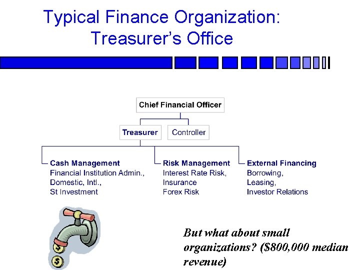 Typical Finance Organization: Treasurer’s Office But what about small organizations? ($800, 000 median revenue)
