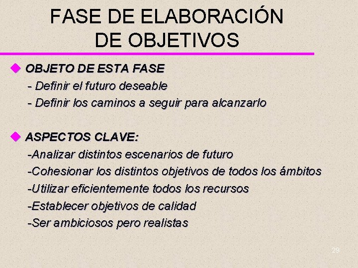 FASE DE ELABORACIÓN DE OBJETIVOS u OBJETO DE ESTA FASE - Definir el futuro