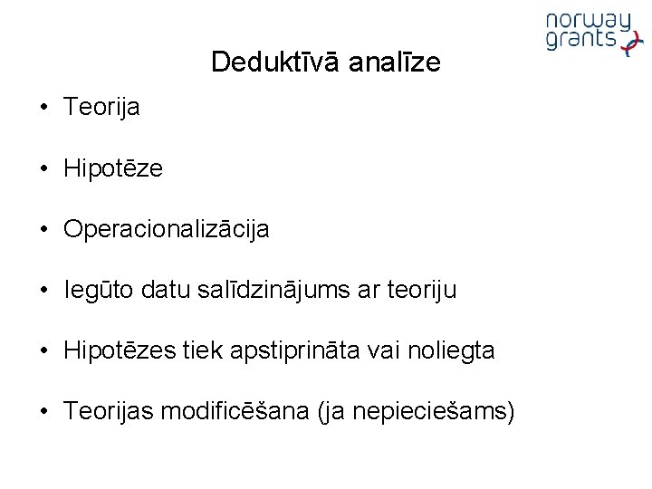 Deduktīvā analīze • Teorija • Hipotēze • Operacionalizācija • Iegūto datu salīdzinājums ar teoriju