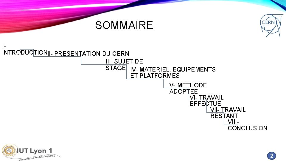 SOMMAIRE IINTRODUCTIONII- PRESENTATION DU CERN III- SUJET DE STAGE IV- MATERIEL, EQUIPEMENTS ET PLATFORMES