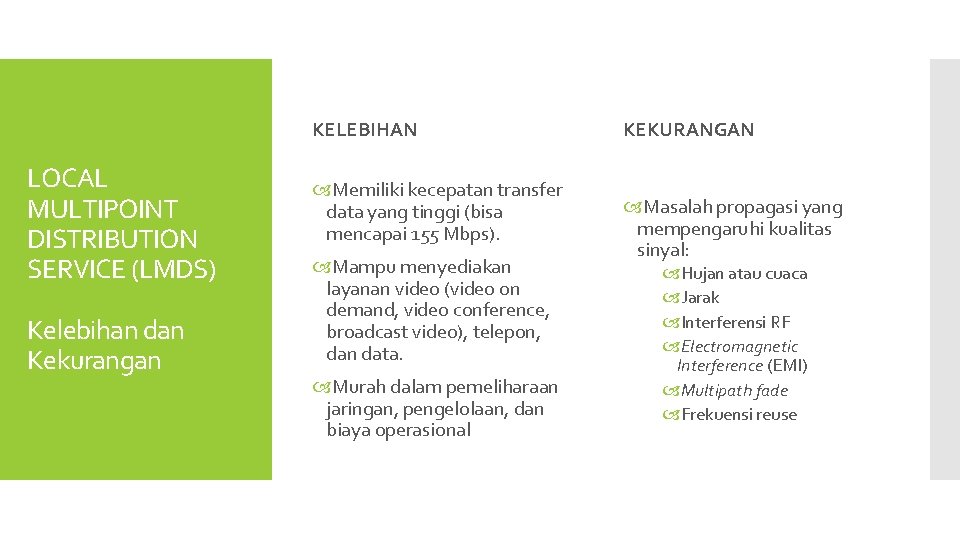 KELEBIHAN LOCAL MULTIPOINT DISTRIBUTION SERVICE (LMDS) Kelebihan dan Kekurangan Memiliki kecepatan transfer data yang