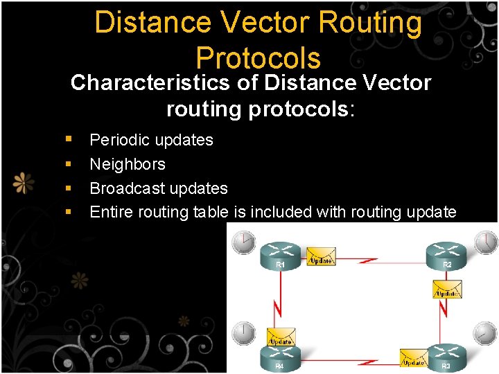 Distance Vector Routing Protocols Characteristics of Distance Vector routing protocols: § Periodic updates §