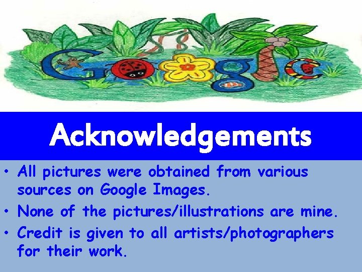 Acknowledgements • All pictures were obtained from various sources on Google Images. • None