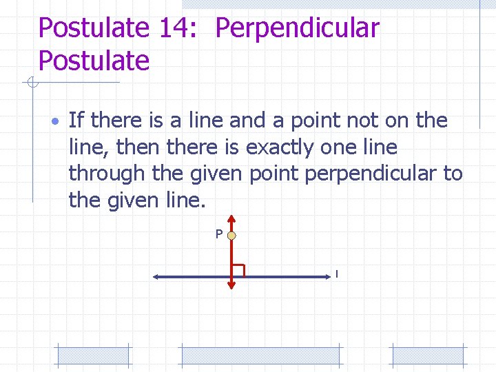 Postulate 14: Perpendicular Postulate • If there is a line and a point not
