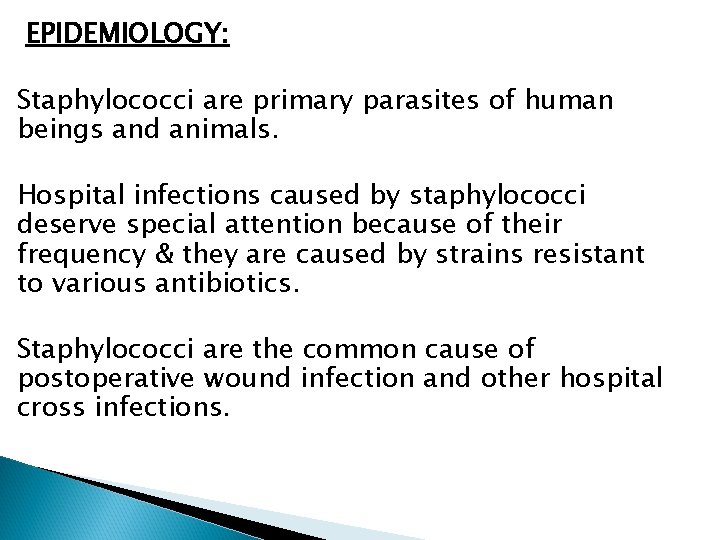 EPIDEMIOLOGY: Staphylococci are primary parasites of human beings and animals. Hospital infections caused by