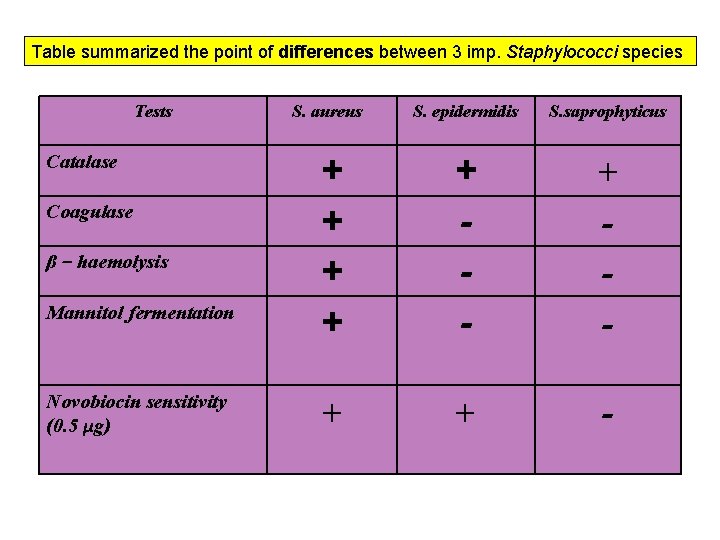 Table summarized the point of differences between 3 imp. Staphylococci species Tests Catalase Coagulase