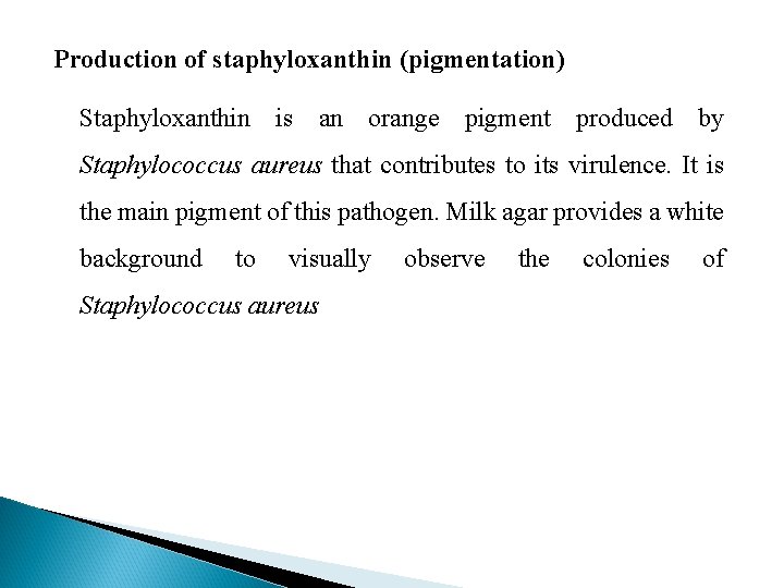 Production of staphyloxanthin (pigmentation) Staphyloxanthin is an orange pigment produced by Staphylococcus aureus that