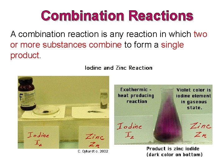 Combination Reactions A combination reaction is any reaction in which two or more substances