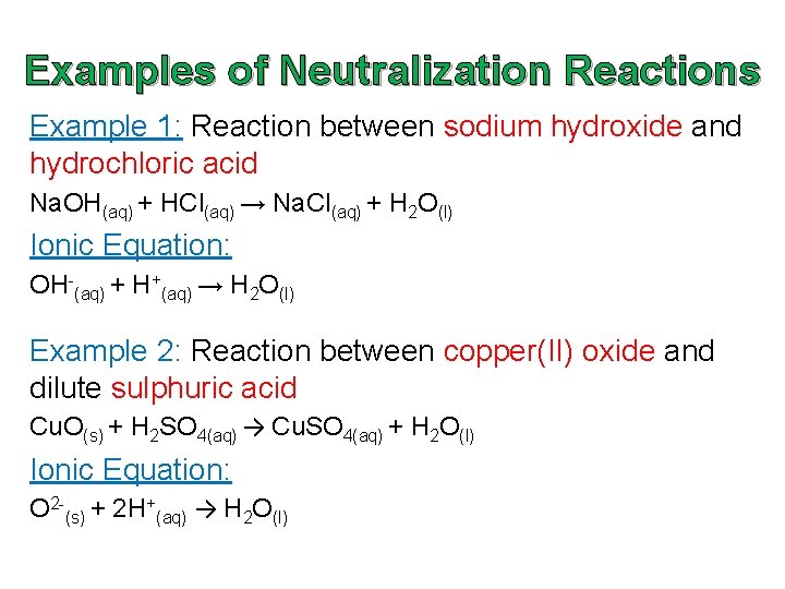 Examples of Neutralization Reactions Example 1: Reaction between sodium hydroxide and hydrochloric acid Na.