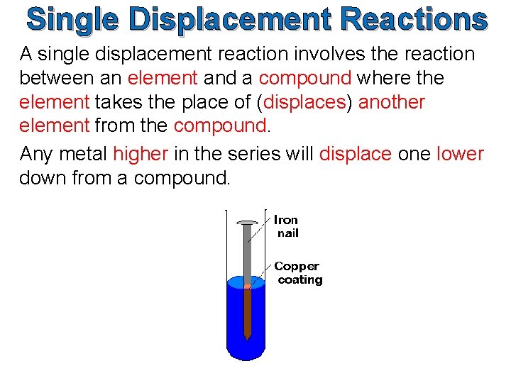 Single Displacement Reactions A single displacement reaction involves the reaction between an element and