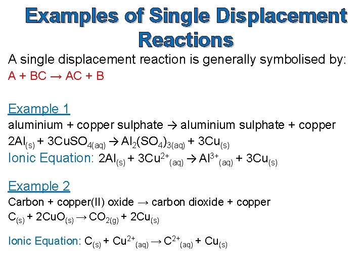 Examples of Single Displacement Reactions A single displacement reaction is generally symbolised by: A