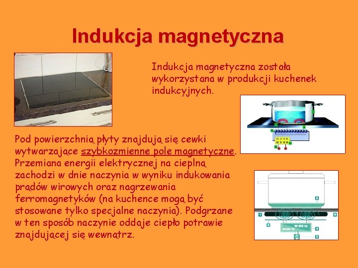 Indukcja magnetyczna została wykorzystana w produkcji kuchenek indukcyjnych. Pod powierzchnią płyty znajdują się cewki