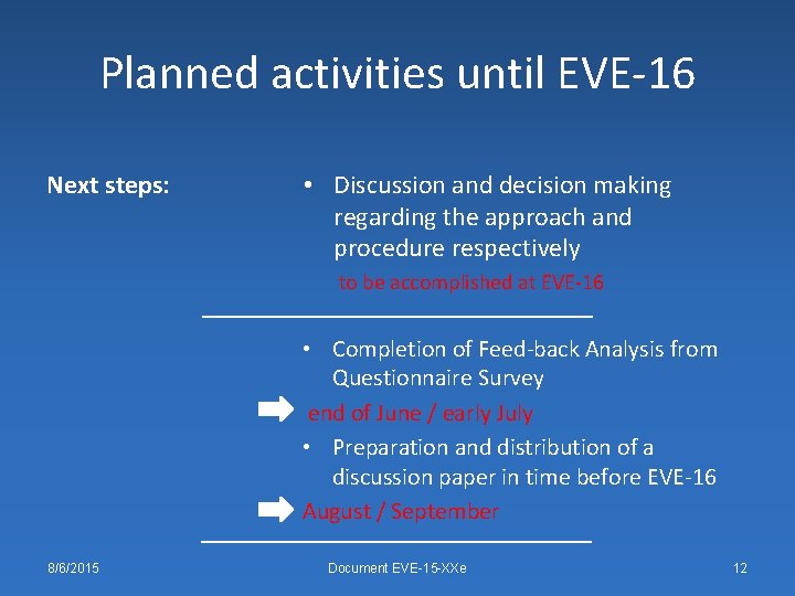 Planned activities until EVE-16 Next steps: • Discussion and decision making regarding the approach