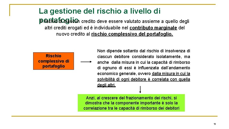 La gestione del rischio a livello di portafoglio Il rischio di ciascun credito deve