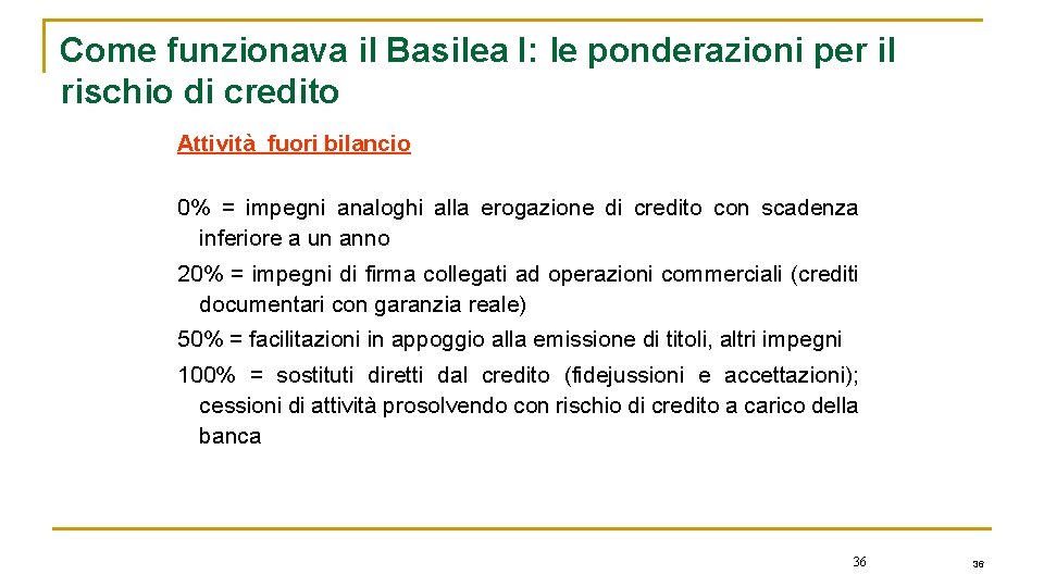 Come funzionava il Basilea I: le ponderazioni per il rischio di credito Attività fuori