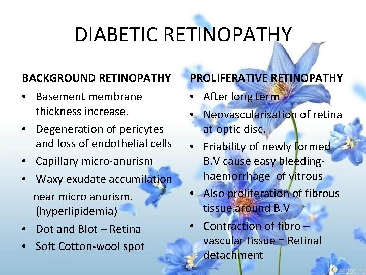DIABETIC RETINOPATHY BACKGROUND RETINOPATHY • Basement membrane thickness increase. • Degeneration of pericytes and