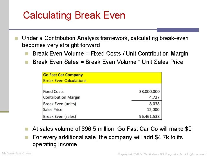 Calculating Break Even n Under a Contribution Analysis framework, calculating break-even becomes very straight