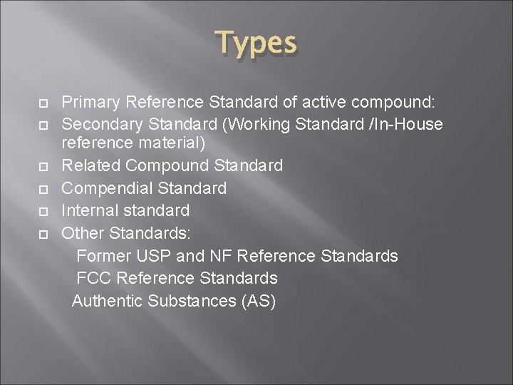 Types Primary Reference Standard of active compound: Secondary Standard (Working Standard /In-House reference material)