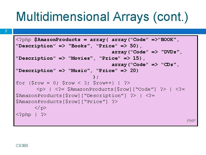 Multidimensional Arrays (cont. ) 7 <? php $Amazon. Products = array(“Code” =>“BOOK", “Description” =>