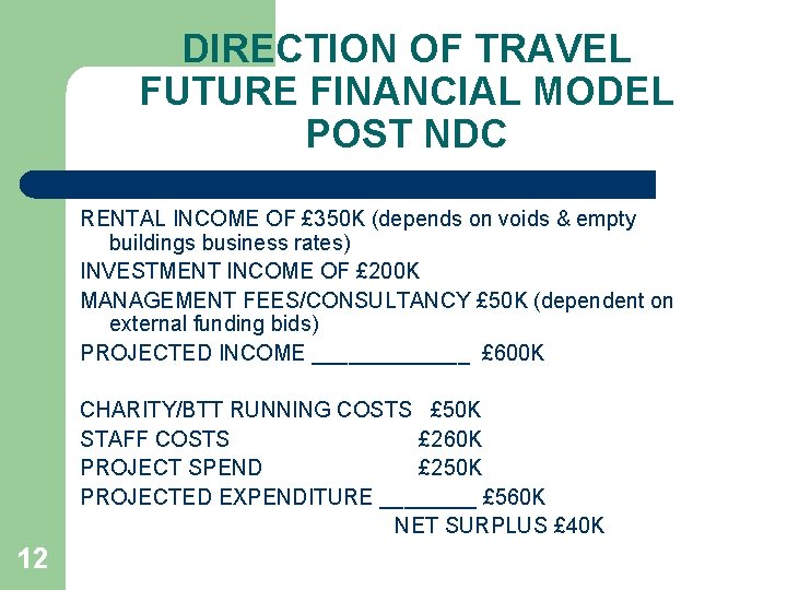 DIRECTION OF TRAVEL FUTURE FINANCIAL MODEL POST NDC RENTAL INCOME OF £ 350 K