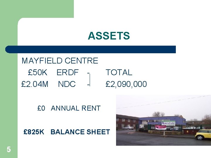 ASSETS MAYFIELD CENTRE £ 50 K ERDF TOTAL £ 2. 04 M NDC £