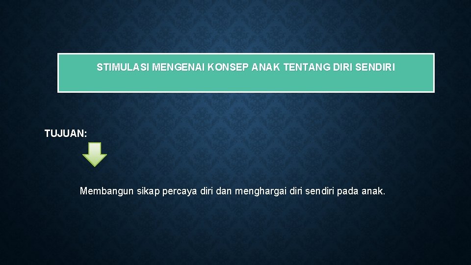 STIMULASI MENGENAI KONSEP ANAK TENTANG DIRI SENDIRI TUJUAN: Membangun sikap percaya diri dan menghargai STIMULASI MENGENAI KONSEP ANAK TENTANG DIRI SENDIRI TUJUAN: Membangun sikap percaya diri dan menghargai