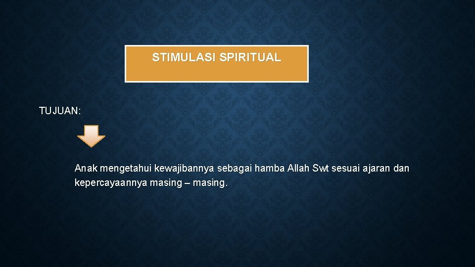STIMULASI SPIRITUAL TUJUAN: Anak mengetahui kewajibannya sebagai hamba Allah Swt sesuai ajaran dan kepercayaannya STIMULASI SPIRITUAL TUJUAN: Anak mengetahui kewajibannya sebagai hamba Allah Swt sesuai ajaran dan kepercayaannya