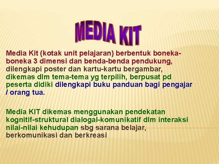 Media Kit (kotak unit pelajaran) berbentuk boneka 3 dimensi dan benda-benda pendukung, dilengkapi poster