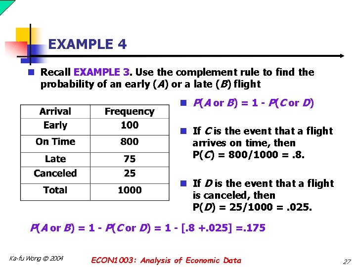 EXAMPLE 4 n Recall EXAMPLE 3. Use the complement rule to find the probability