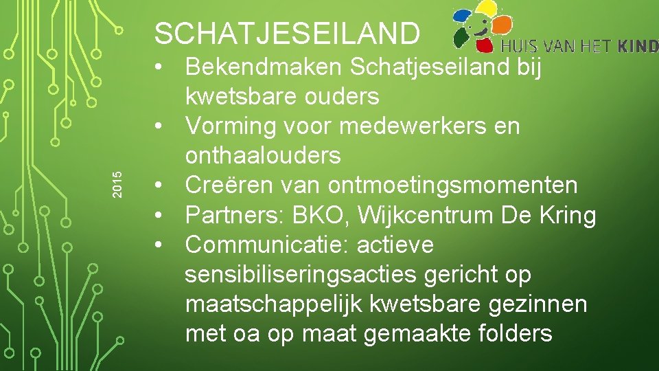 2015 SCHATJESEILAND • Bekendmaken Schatjeseiland bij kwetsbare ouders • Vorming voor medewerkers en onthaalouders