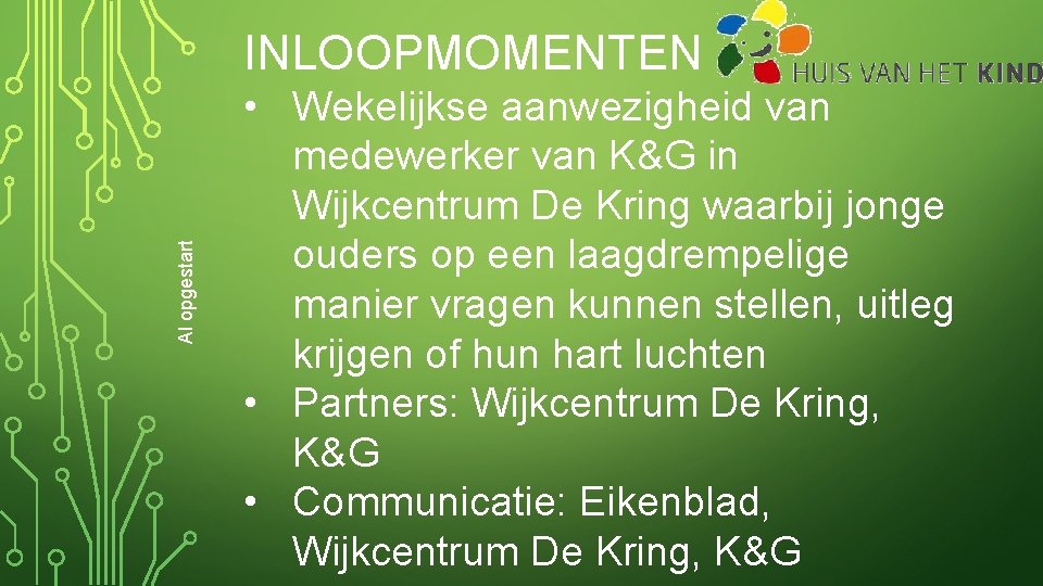 Al opgestart INLOOPMOMENTEN • Wekelijkse aanwezigheid van medewerker van K&G in Wijkcentrum De Kring
