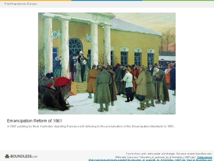 Post-Napoleonic Europe Emancipation Reform of 1861 A 1907 painting by Boris Kustodiev depicting Russian