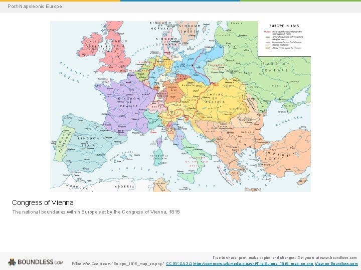 Post-Napoleonic Europe Congress of Vienna The national boundaries within Europe set by the Congress