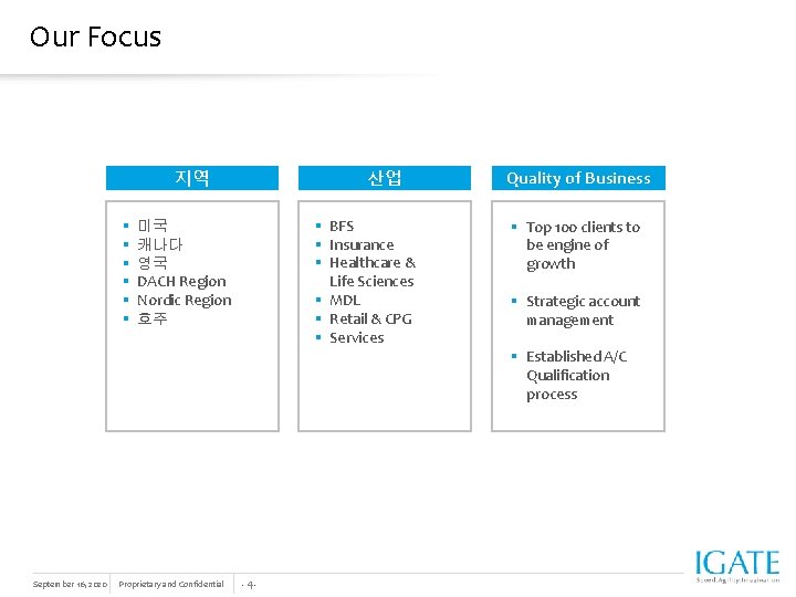 Our Focus 지역 § § § 산업 § BFS § Insurance § Healthcare &