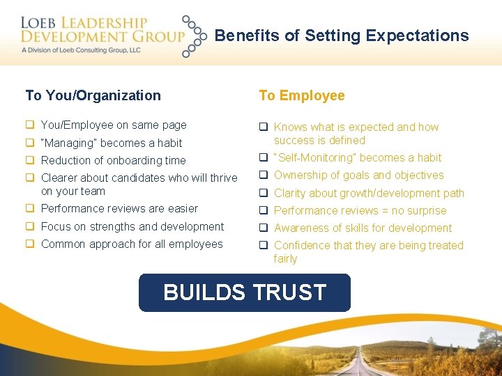 Benefits of Setting Expectations To You/Organization To Employee q You/Employee on same page q