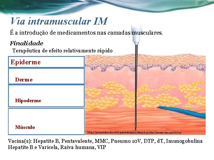 Via intramuscular IM É a introdução de medicamentos nas camadas musculares. Finalidade Terapêutica de