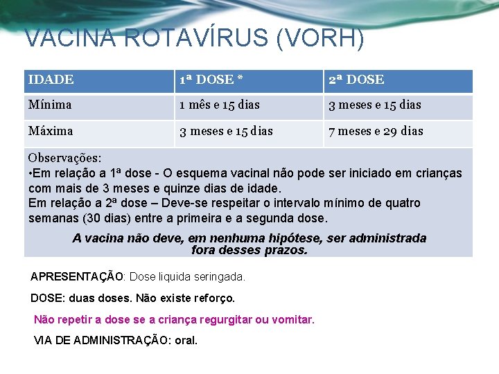 VACINA ROTAVÍRUS (VORH) IDADE 1ª DOSE * 2ª DOSE Mínima 1 mês e 15