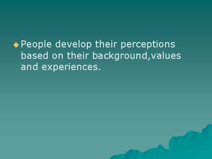 u People develop their perceptions based on their background, values and experiences. 