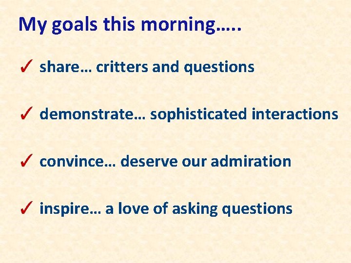 My goals this morning…. . ✓ share… critters and questions ✓ demonstrate… sophisticated interactions