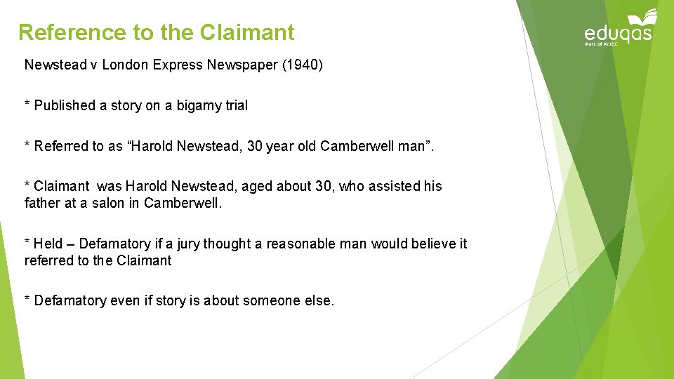 Reference to the Claimant Newstead v London Express Newspaper (1940) * Published a story