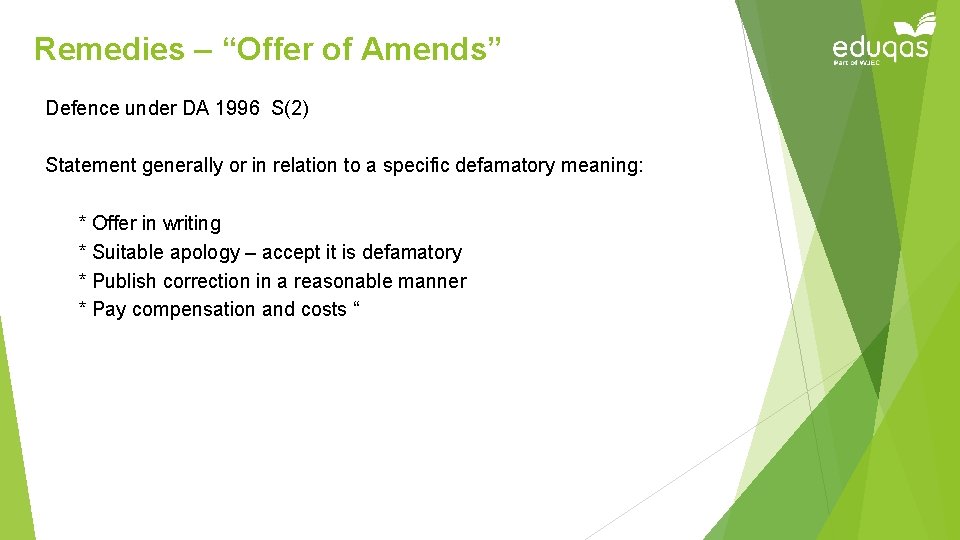 Remedies – “Offer of Amends” Defence under DA 1996 S(2) Statement generally or in